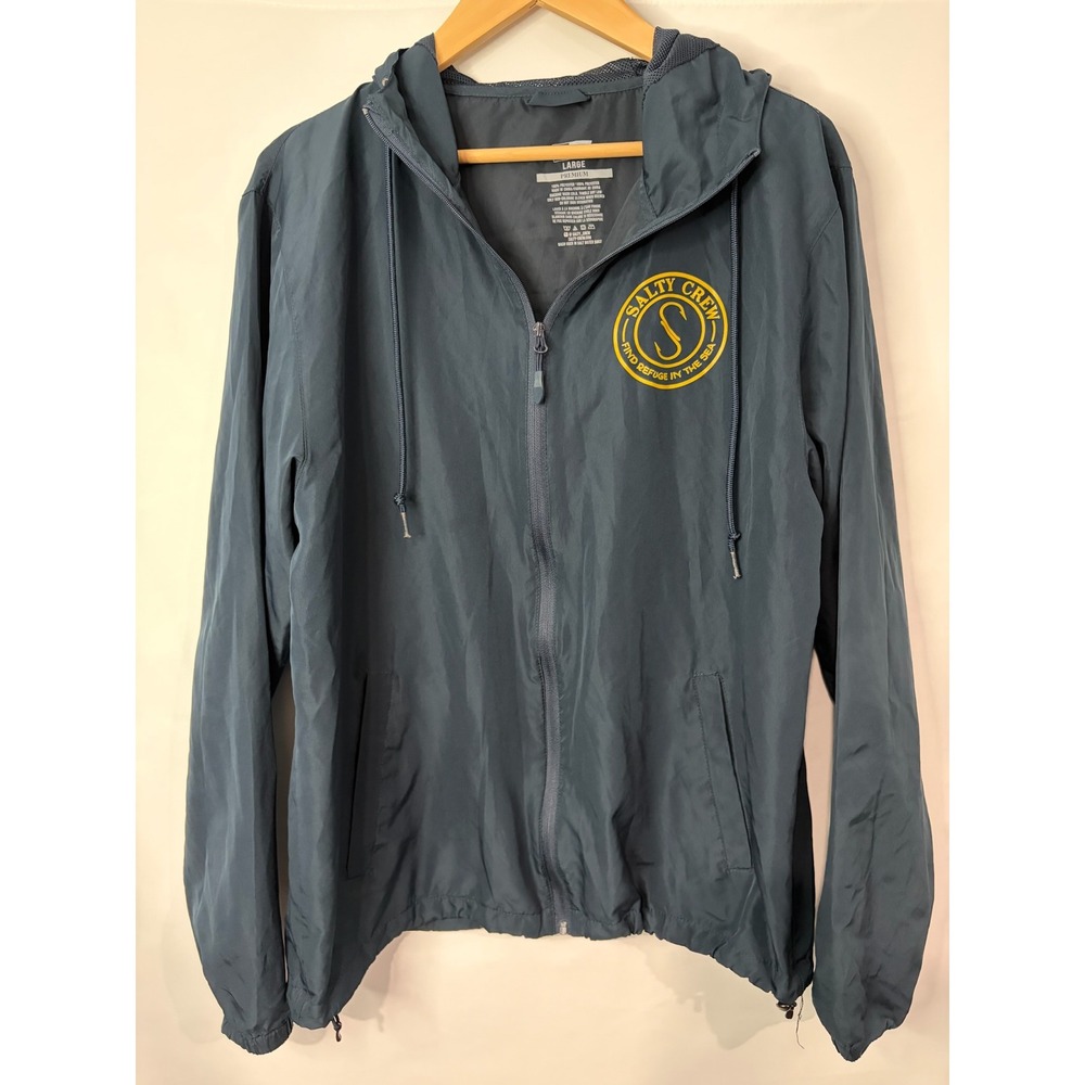 Salty Crew Mens Large Premium Hooded Windbreaker Jacket Blue Yellow Graphic Logo